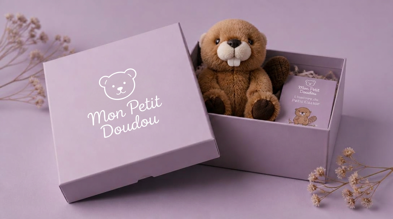 Box mensuelle Mon Petit Doudou : coffret mauve ouvert avec un doudou et son histoire