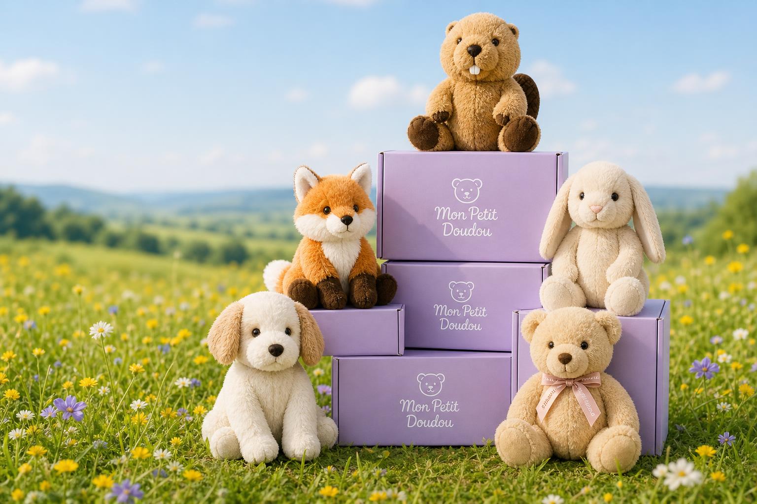 Coffret Mon Petit Doudou ouvert avec un doudou castor, logo horizontal sur le couvercle
